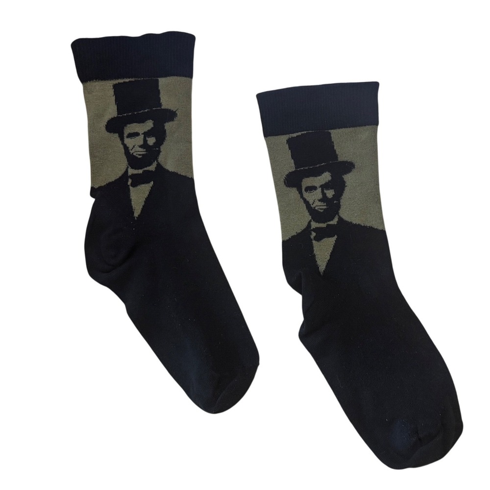 Mens Abraham Lincoln Graphic‎ Crew Socks Black Olive Green Novelty History Print
